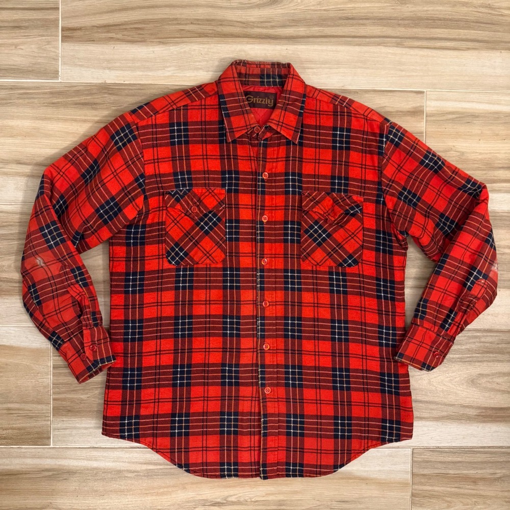 Vintage Grizzly Quilted Flannel Shirt Jacket Red Plaid Mens Large Lined Workwear
